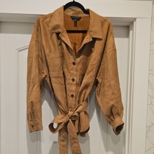 Chic Tan Belted Button-Up Long Sleeve Shirt